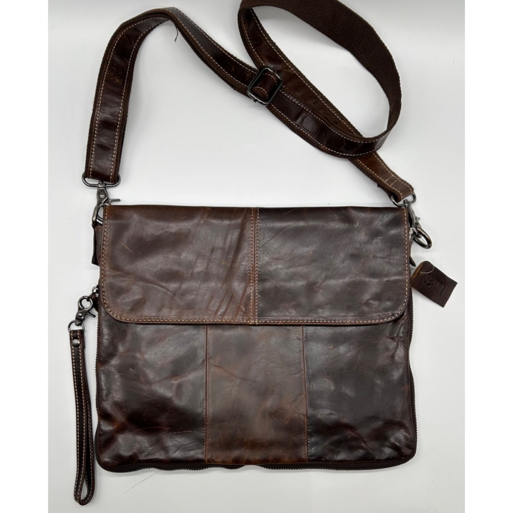 IDEAWIN Brown Leather Crossbody Tablet Messenger Bag Expandable Distressed New